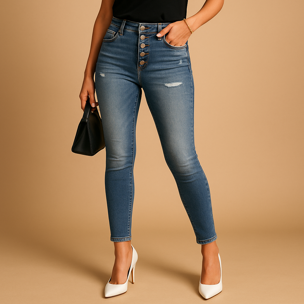 Women’s ripped slim fit jeans in premium cotton denim with distressed details, perfect for casual or night-out outfits.