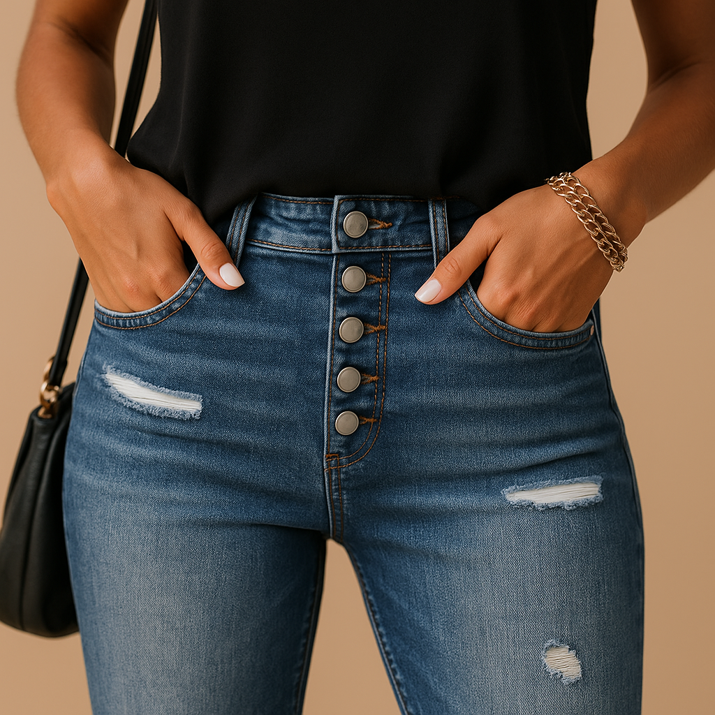 Women’s ripped slim fit jeans in premium cotton denim with distressed details, perfect for casual or night-out outfits.