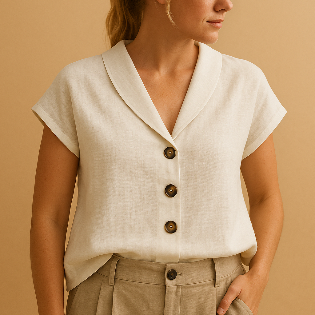 Lightweight round neck summer blouse for women with button closure, perfect for casual looks, beach days, and warm-weather comfort.