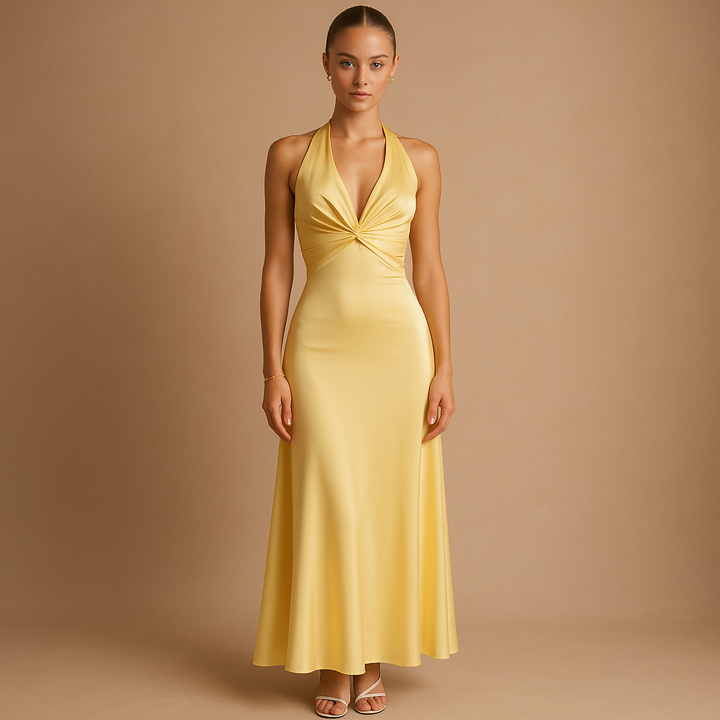 Satin halter maxi evening dress for women with a twisted neckline and fitted bodice, perfect for weddings, formal events, and elegant occasions.