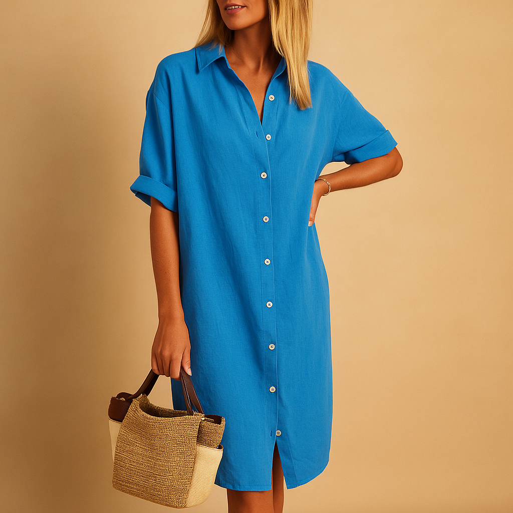 Shirt dress for women with a classic long silhouette, short sleeves, and relaxed fit. Available in black, green, blue, and red. Perfect for work or summer occasions.