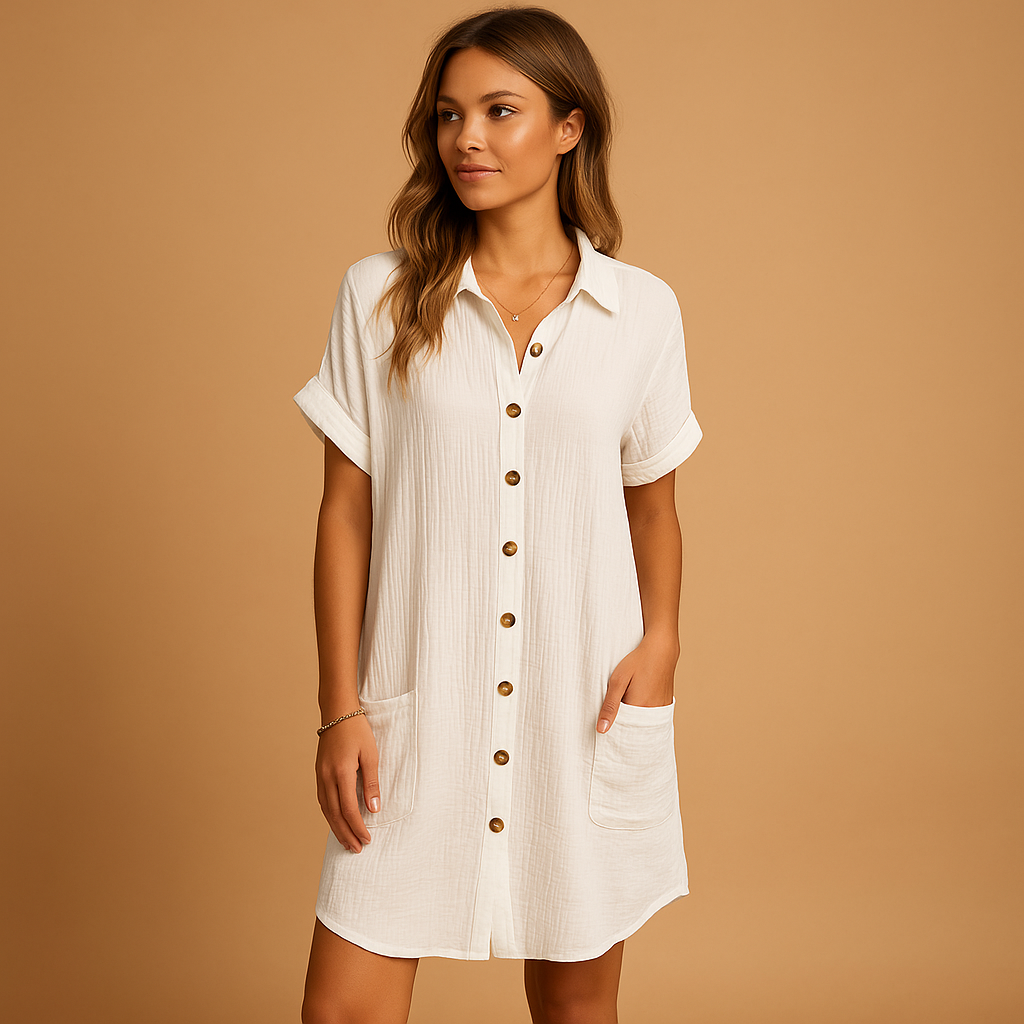 Women’s shirt-style midi dress with button closure, relaxed fit, and breathable fabric. Ideal for summer holidays, walks, and casual activities.