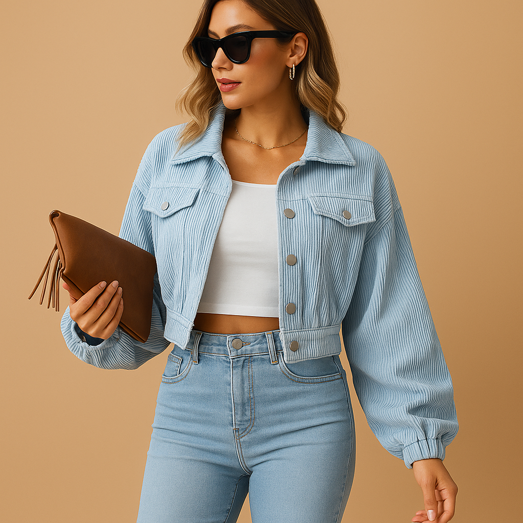 Women’s short corduroy jacket with ribbed texture, silver buttons, and chest pockets. A stylish layering piece for all seasons.