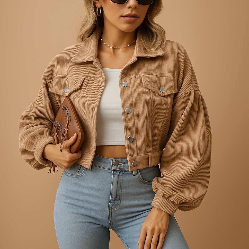 Women’s short corduroy jacket with ribbed texture, silver buttons, and chest pockets. A stylish layering piece for all seasons.