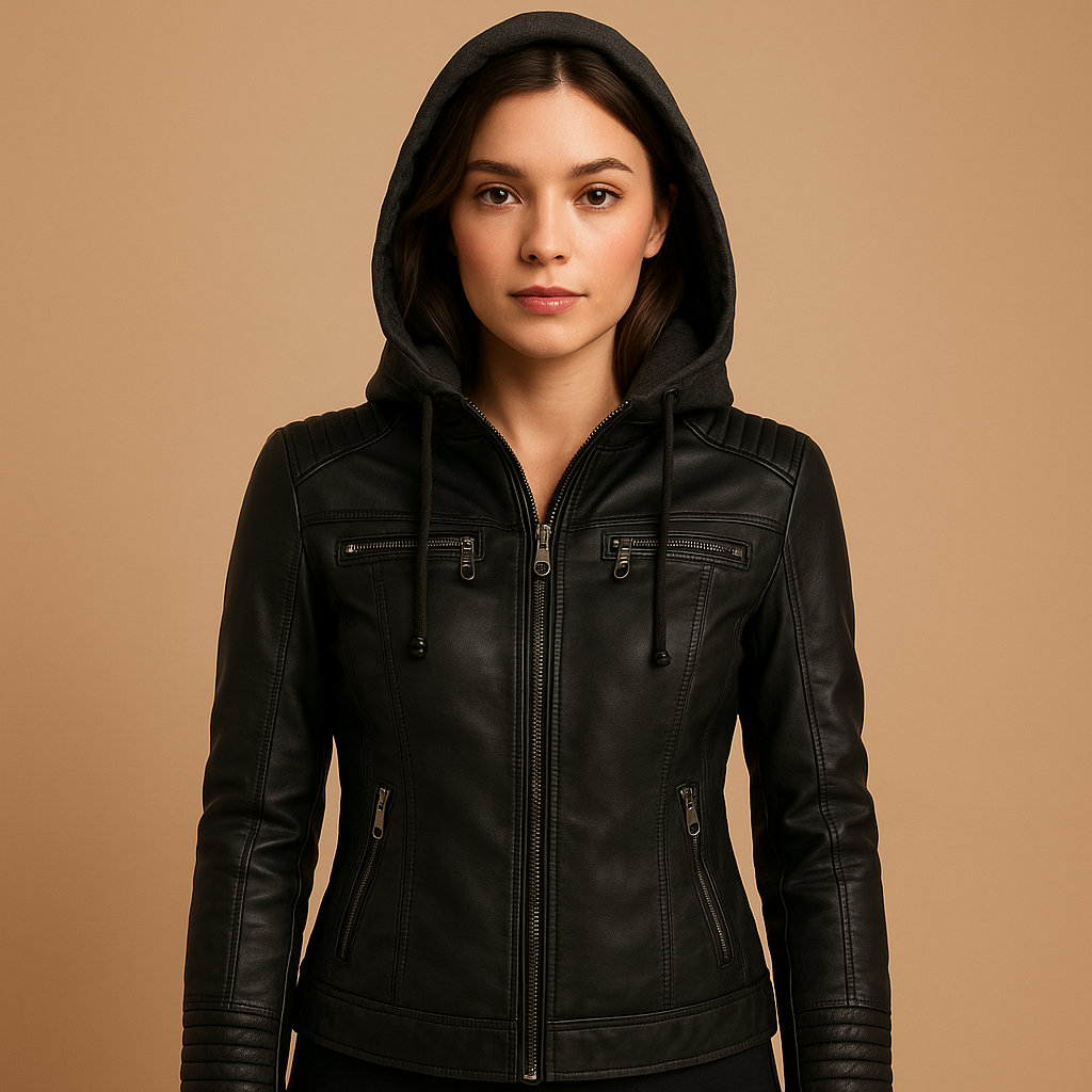 Women’s short leather jacket with sleek silhouette, detachable hood, and zipper details. Perfect for casual outings, outdoor wear, and chic evenings.