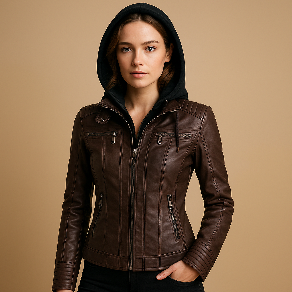 Women’s short leather jacket with sleek silhouette, detachable hood, and zipper details. Perfect for casual outings, outdoor wear, and chic evenings.