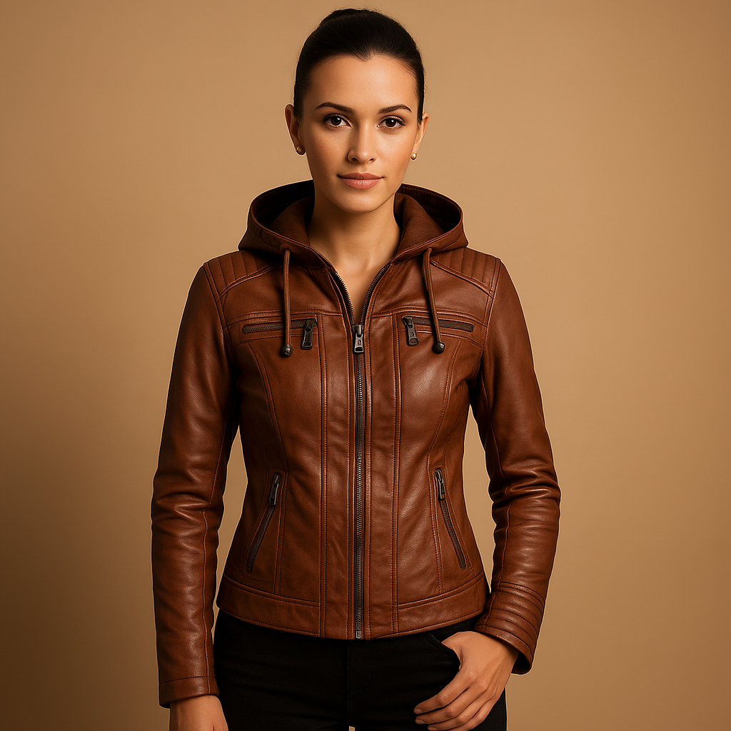 Women’s short leather jacket with sleek silhouette, detachable hood, and zipper details. Perfect for casual outings, outdoor wear, and chic evenings.