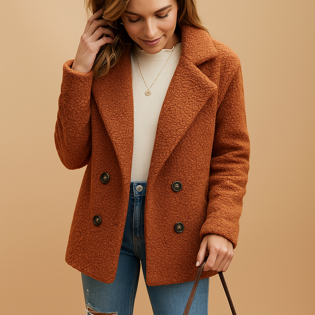 Elegant short winter coat for women with button closure, tailored fit, and versatile style for daily wear and layering.