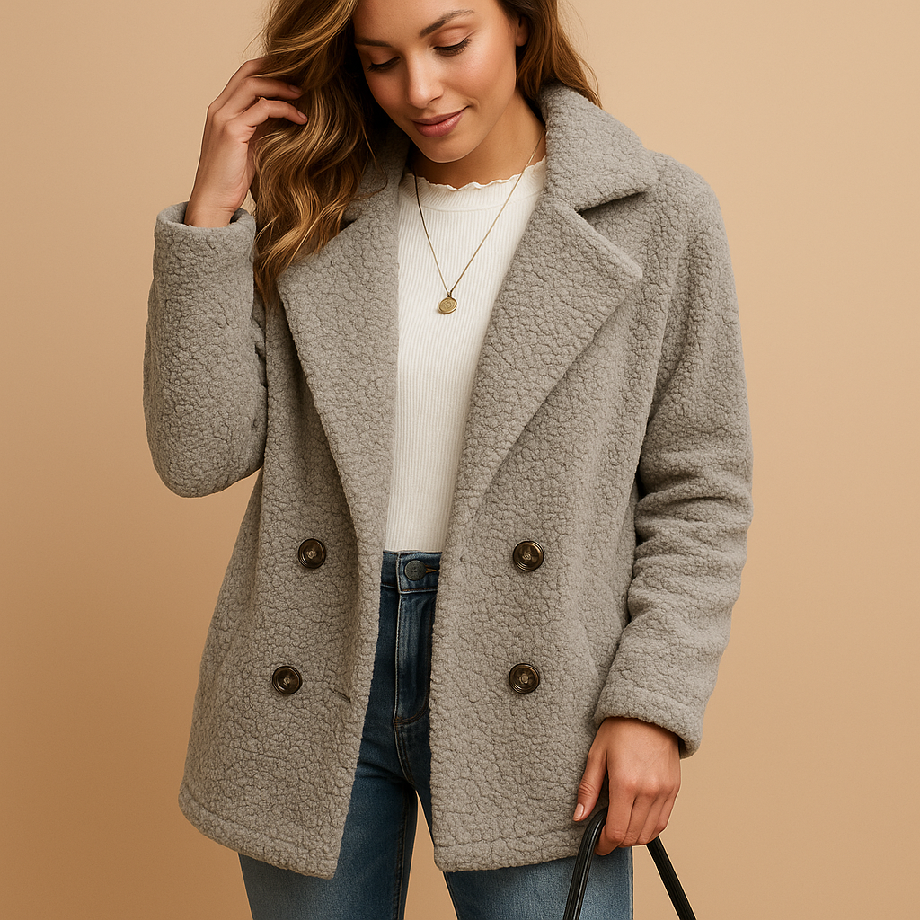 Elegant short winter coat for women with button closure, tailored fit, and versatile style for daily wear and layering.
