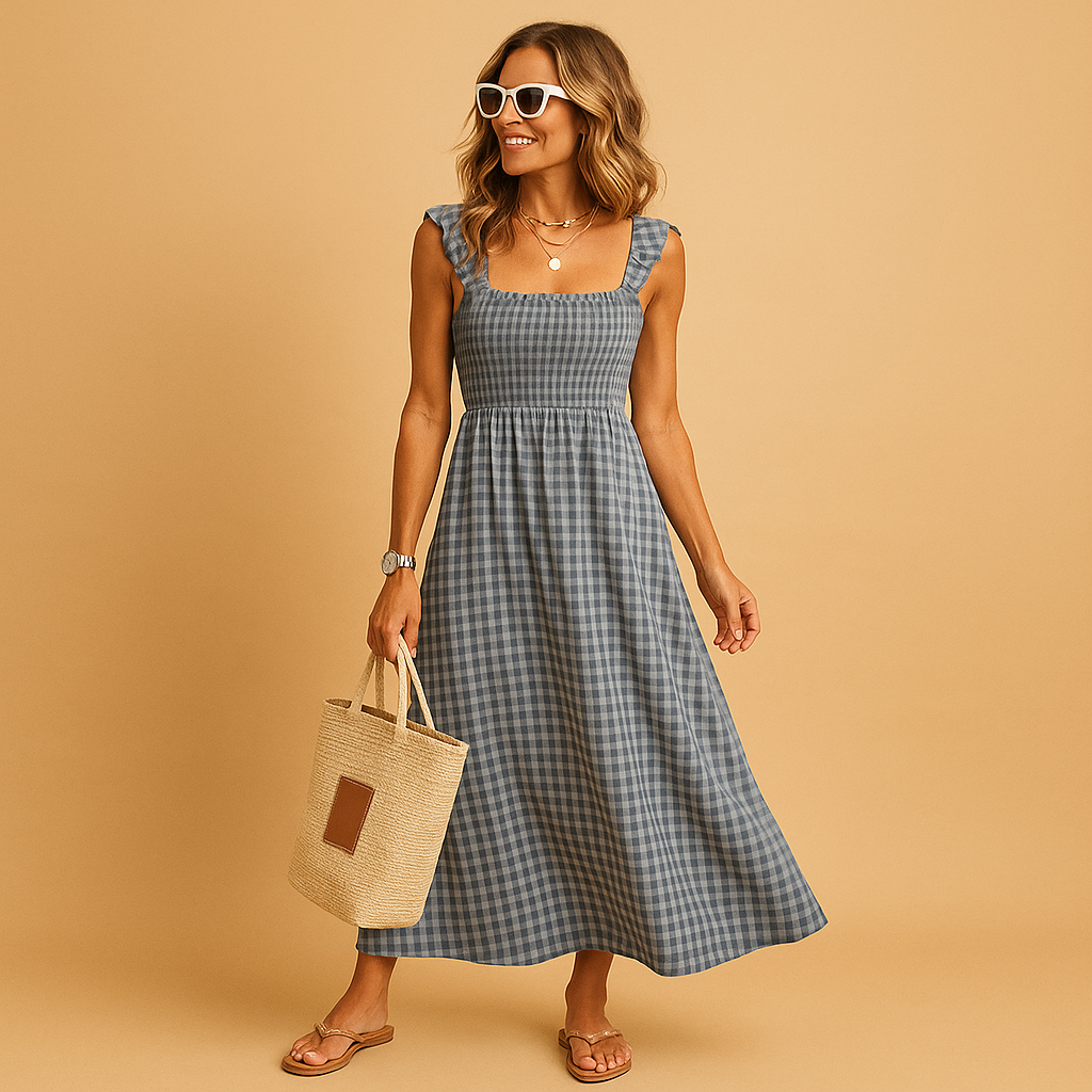 Sleeveless long summer dress for women named Freya, featuring a flowy fit and breathable fabric, ideal for casual days, beach outings, or evening events.