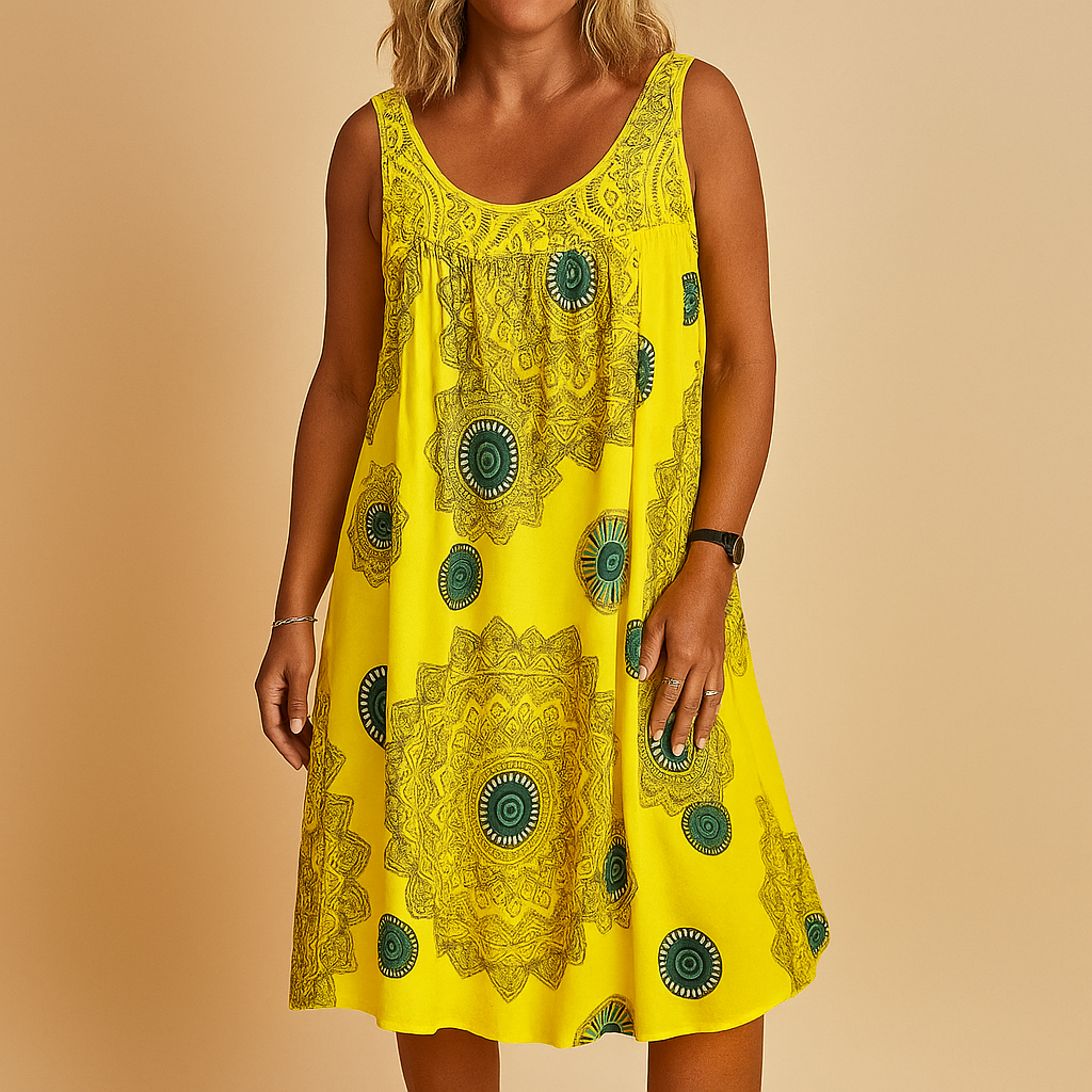 Sleeveless summer dress for women with vibrant multicolor print and flowy fit, perfect for vacations, beach days, and casual summer outings.