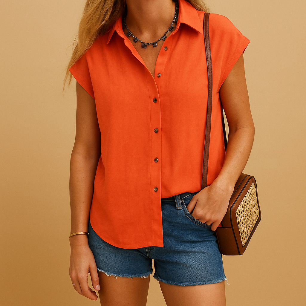 Sleeveless summer shirt for women with classic button-up design, perfect for warm days and versatile summer outfits.