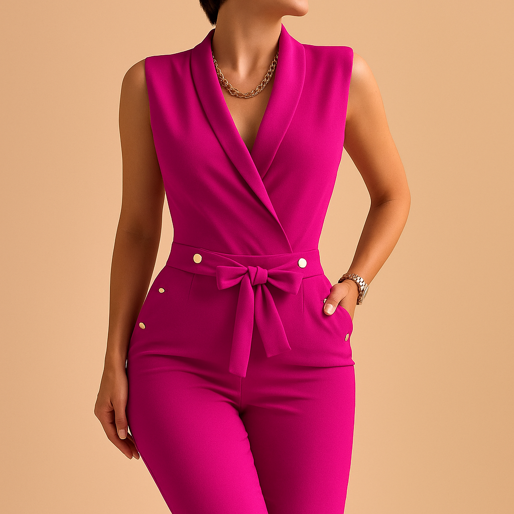 Women’s sleeveless v-neck jumpsuit with waist tie, available in green, black, pink, blue, red, and dark red. Perfect for parties and formal events.