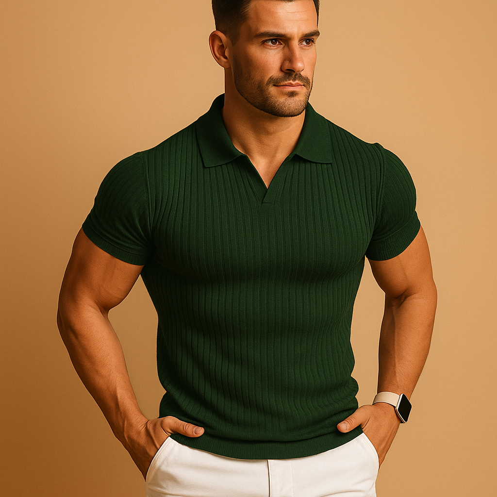 Men’s slim fit polo shirt with V-neck lapel collar, ribbed design, and short sleeves. Ideal for casual days, weekends, or smart-casual outfits.