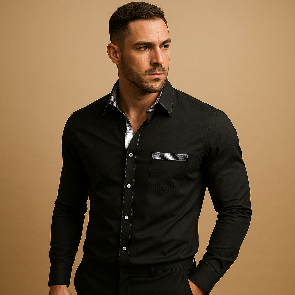 Men’s slim fit dress shirt with breathable fabric and classic collar, available in multiple solid colors for business, casual, or evening wear.