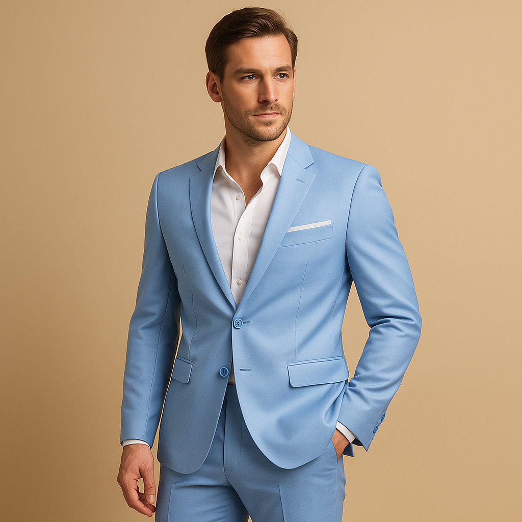 Men’s slim fit suit with blazer and trousers. Modern tailored design, ideal for weddings, formal events, or business occasions in stylish colors.