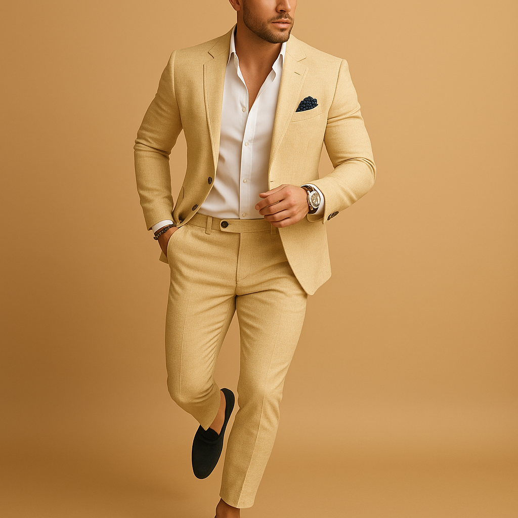 Slim fit suit for men with blazer and trousers in modern cut, ideal for weddings, business, and formal occasions.