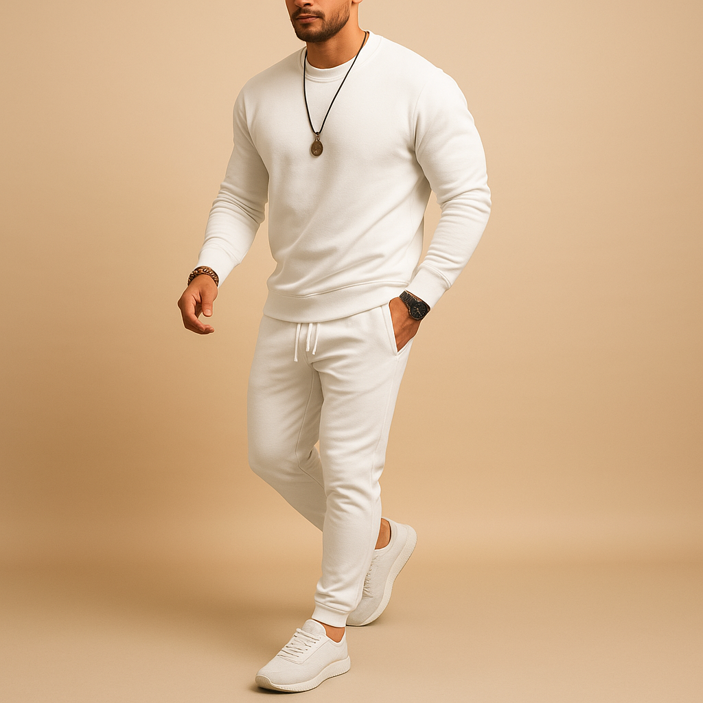 Men’s slim fit tracksuit with ribbed details and adjustable waistband. Modern two-piece set with sweater and joggers for casual wear and streetwear.