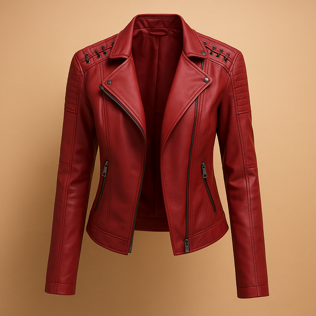 Women’s fitted jacket with stand collar, silver zipper, and stud details in multiple colors.