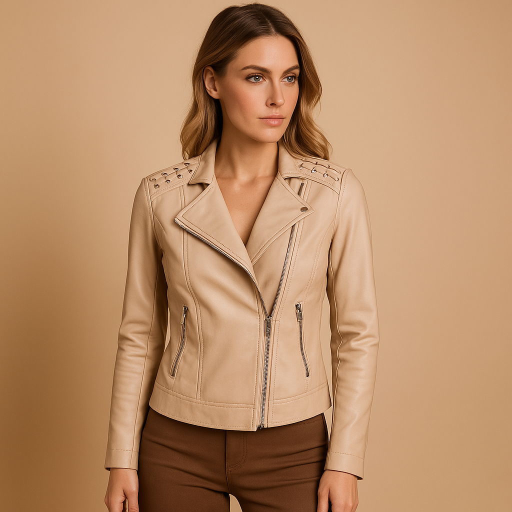 Women’s fitted jacket with stand collar, silver zipper, and stud details in multiple colors.