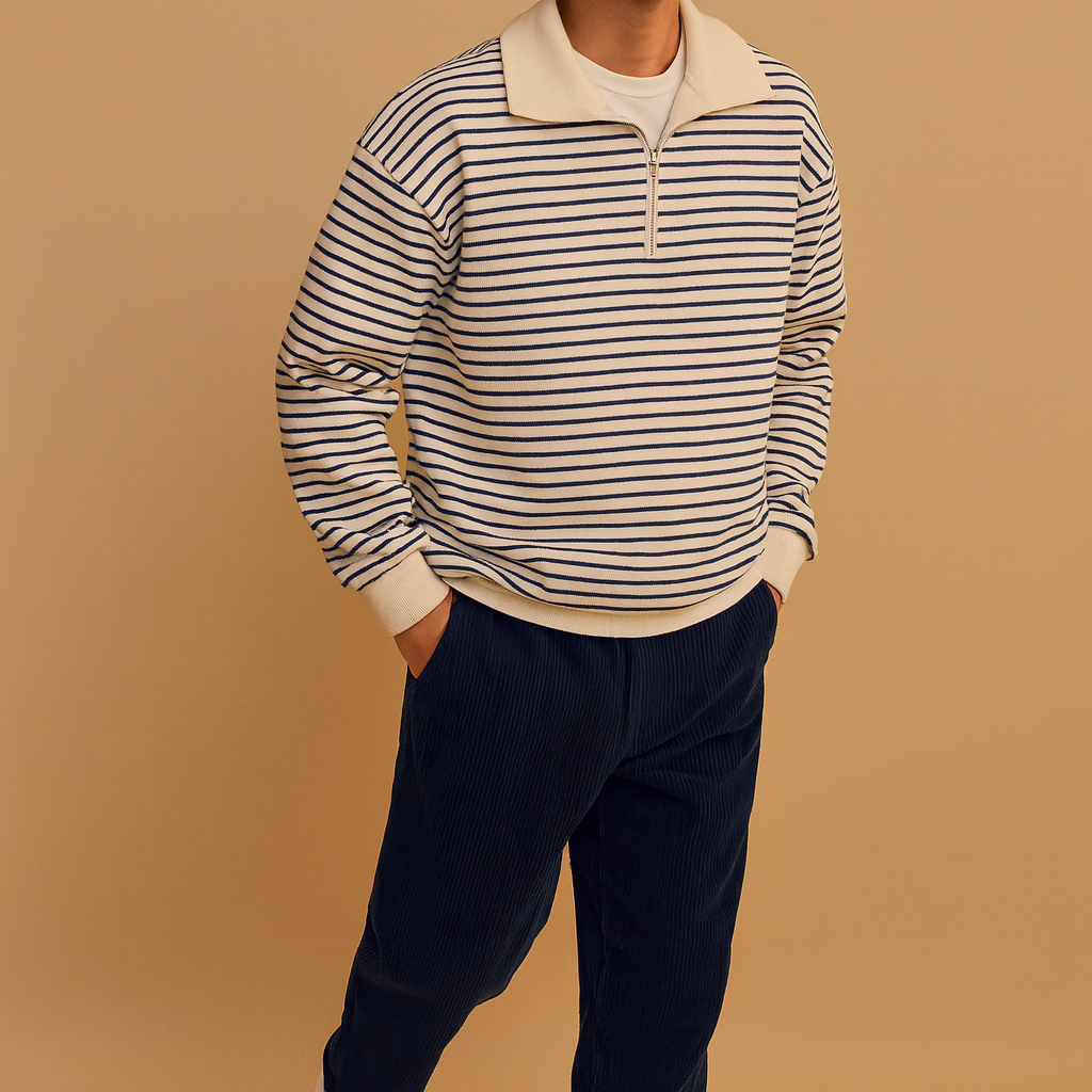 Men’s striped half-zip pullover in white with black stripes, featuring a soft feel and casual fit for daily wear in autumn, winter, and spring.