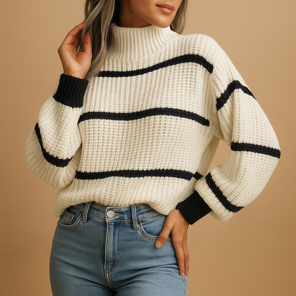 Women’s striped knitted sweater with high neck in black and white, featuring a loose fit with ribbed edges for casual and smart-casual looks.