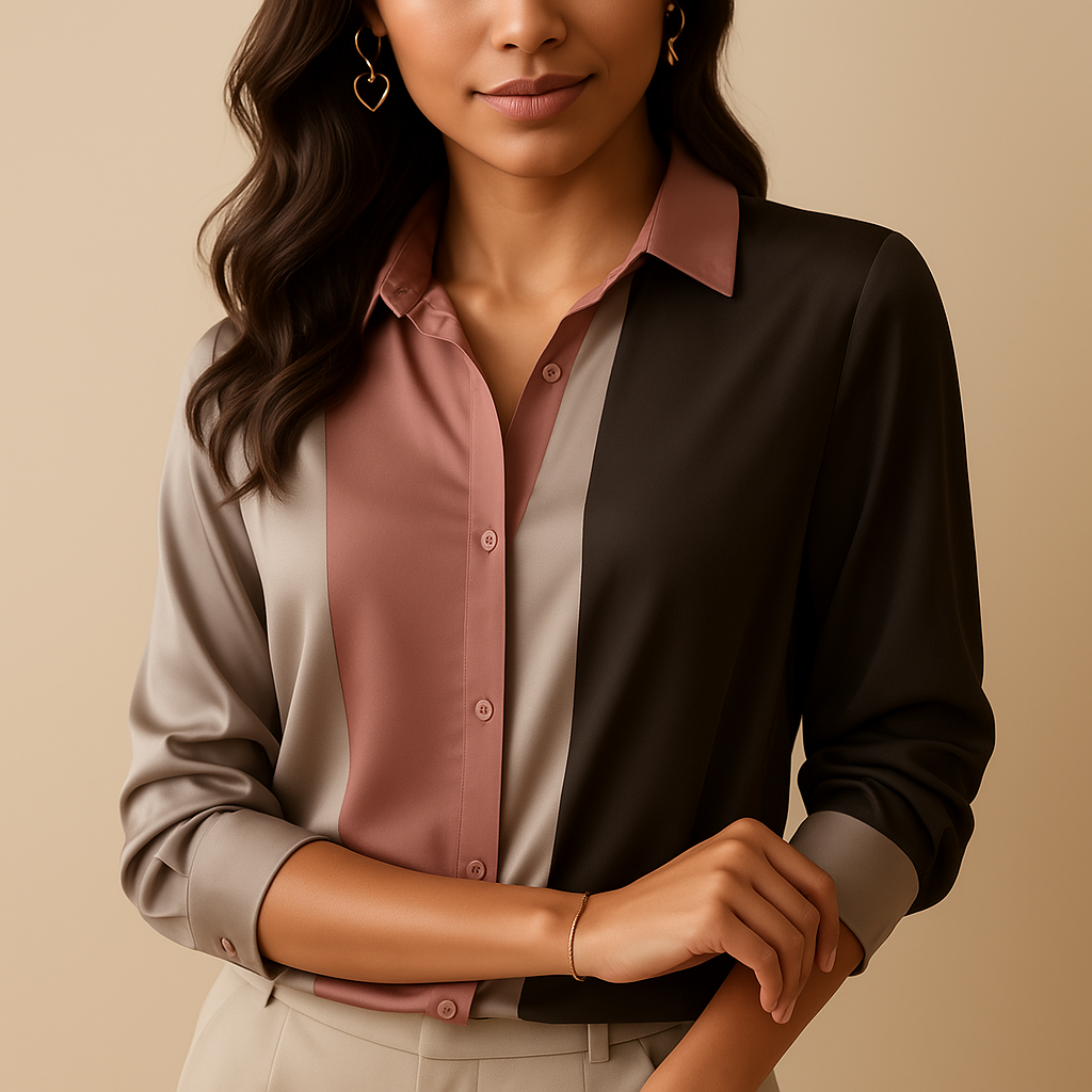 Elegant striped satin blouse for women with patchwork design and classic collar, perfect for work or formal occasions.