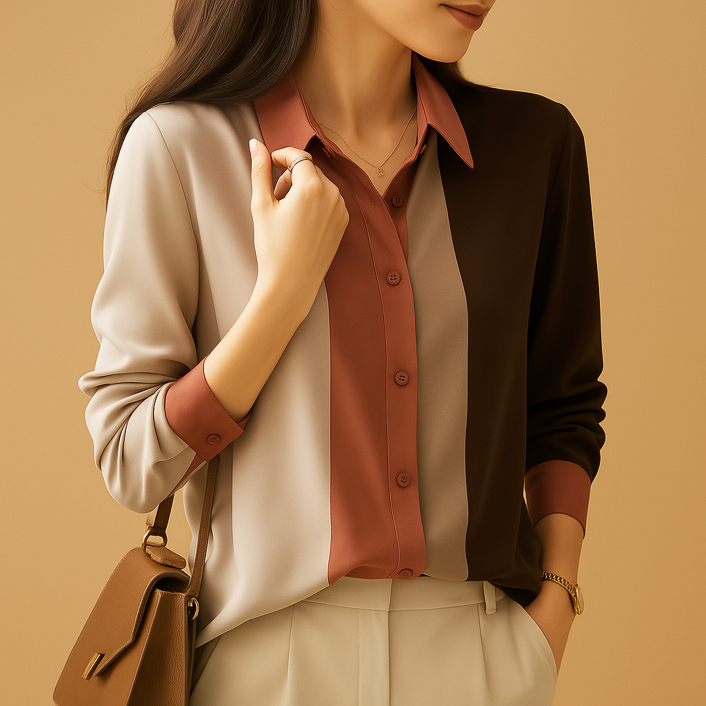 Elegant striped satin blouse for women with patchwork design and classic collar, perfect for work or formal occasions.