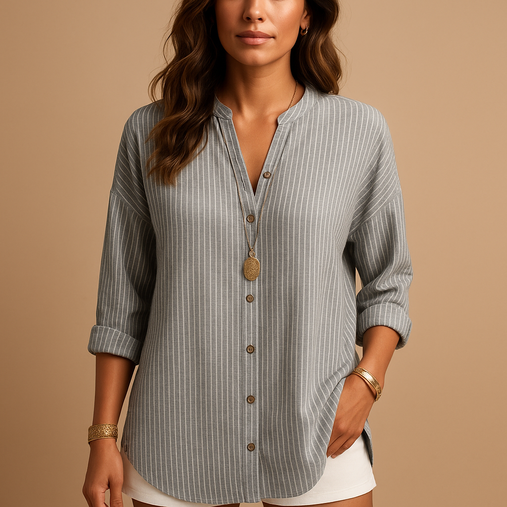 Women’s striped V-neck shirt with long sleeves — elegant, breathable, and perfect for office, casual, or formal wear.