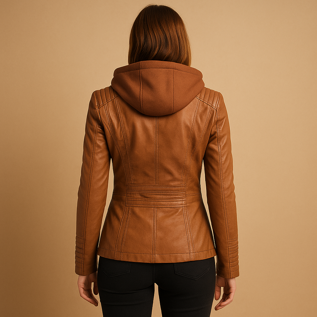 Women’s stylish summer leather jacket with removable hood, drawstring, and modern zipper design. Perfect for casual outings and chic occasions.