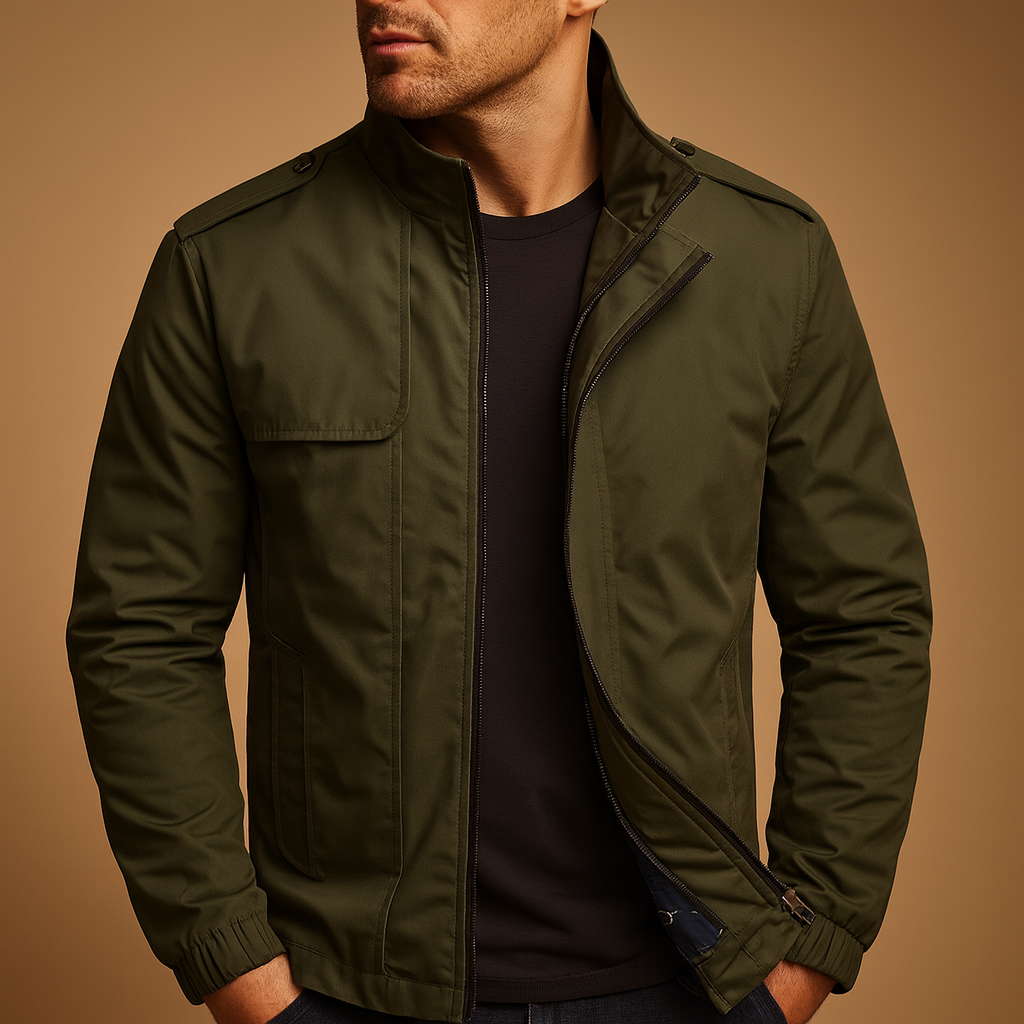 Men’s lightweight summer jacket with stand collar and pockets, designed for casual and formal wear during warm days.
