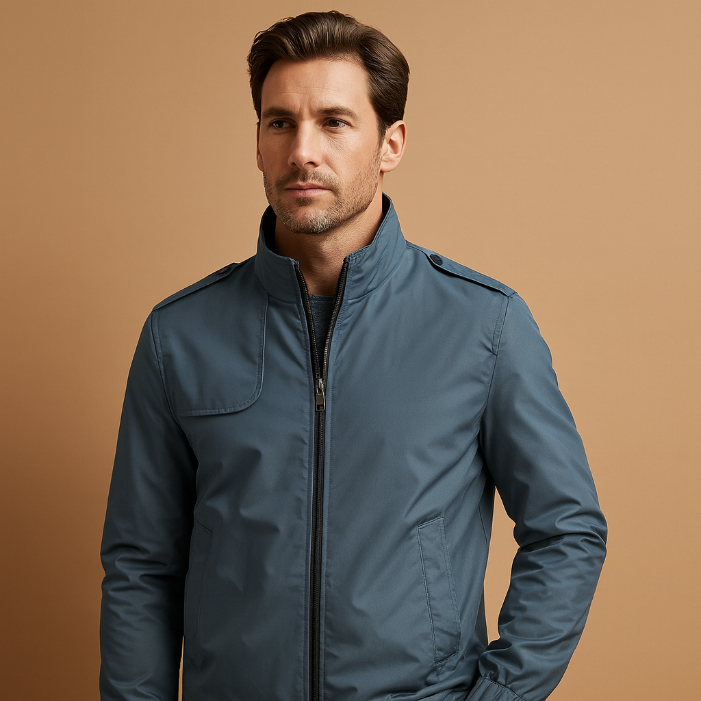 Men’s lightweight summer jacket with stand collar and pockets, designed for casual and formal wear during warm days.