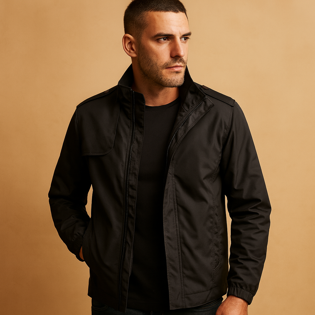 Men’s lightweight summer jacket with stand collar and pockets, designed for casual and formal wear during warm days.