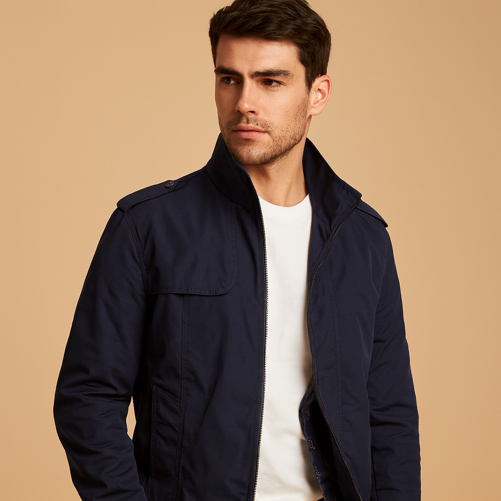 Men’s lightweight summer jacket with stand collar and pockets, designed for casual and formal wear during warm days.