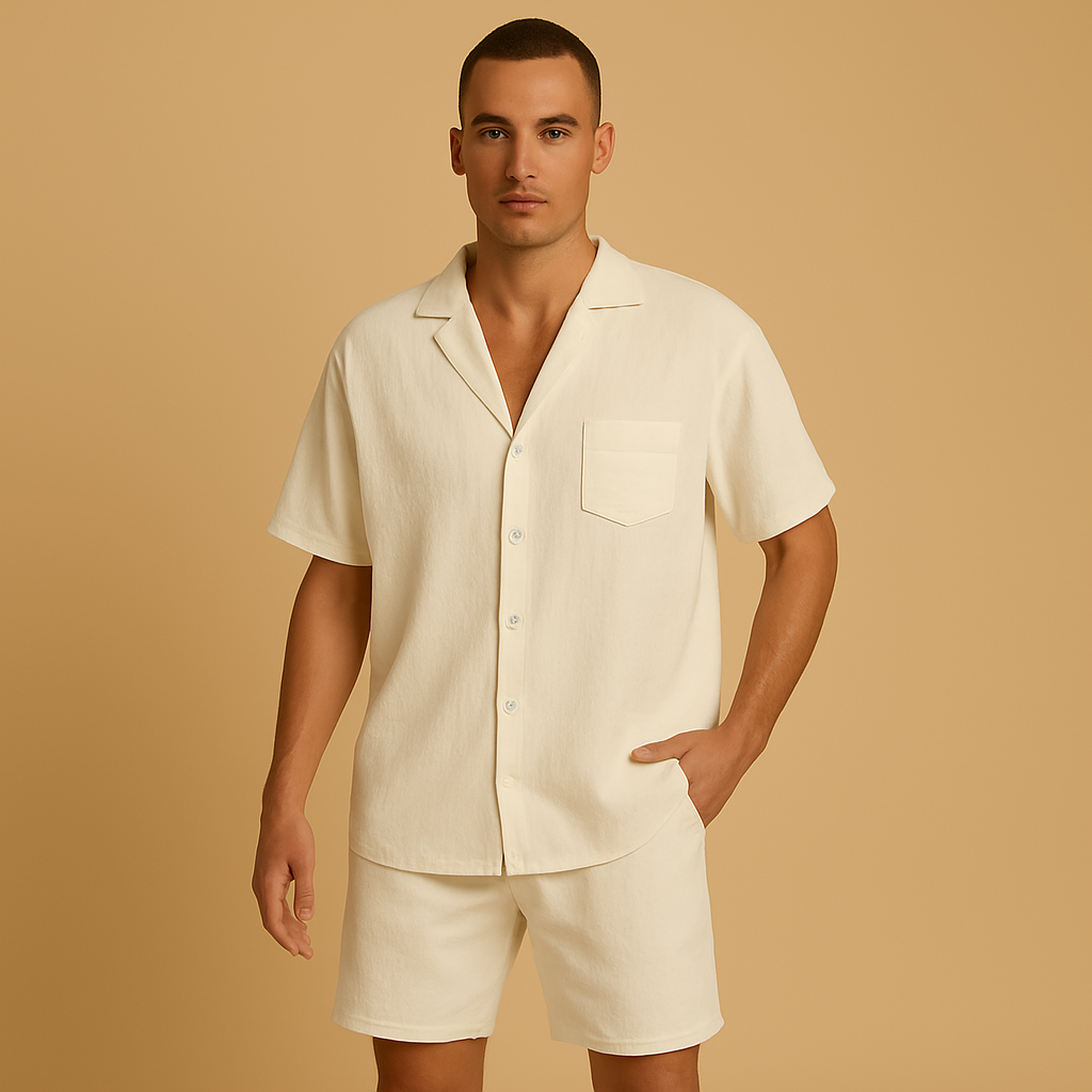 Men’s summer set with V-neck shirt and lapel collar, paired with elastic shorts. Relaxed fit, lightweight, perfect for casual wear and warm days.