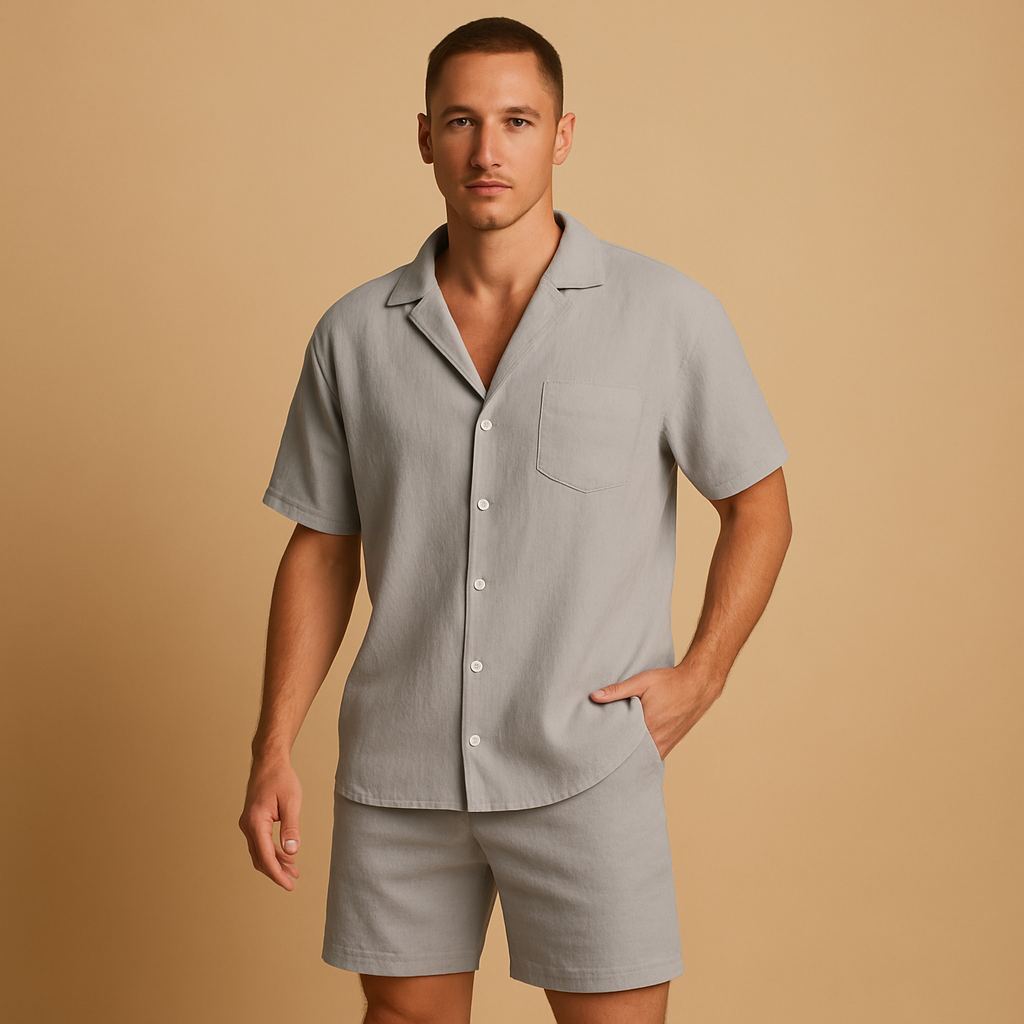 Men’s summer set with V-neck shirt and lapel collar, paired with elastic shorts. Relaxed fit, lightweight, perfect for casual wear and warm days.