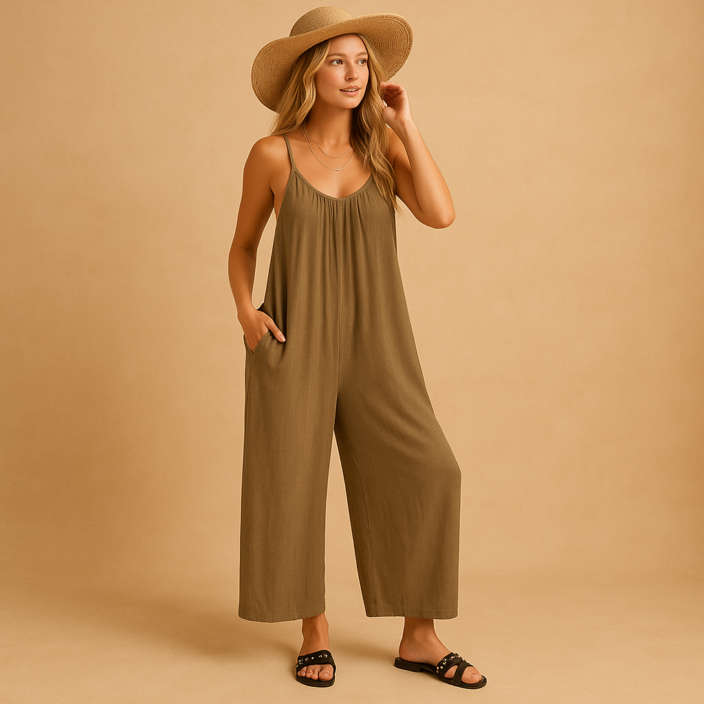 Women’s summer sleeveless jumpsuit with adjustable straps, elastic waist, and lightweight fabric. Perfect for vacations, summer days, and parties.
