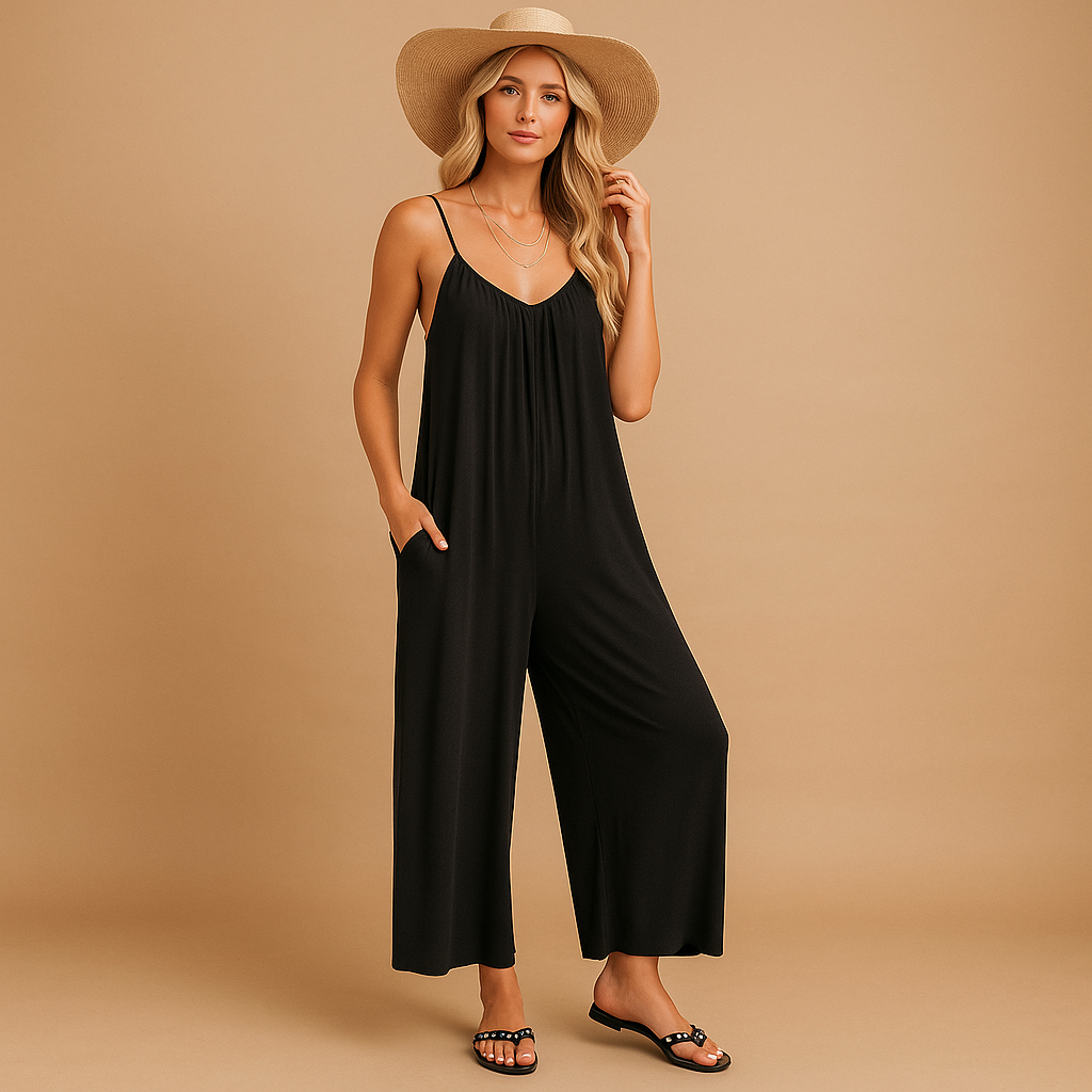 Women’s summer sleeveless jumpsuit with adjustable straps, elastic waist, and lightweight fabric. Perfect for vacations, summer days, and parties.