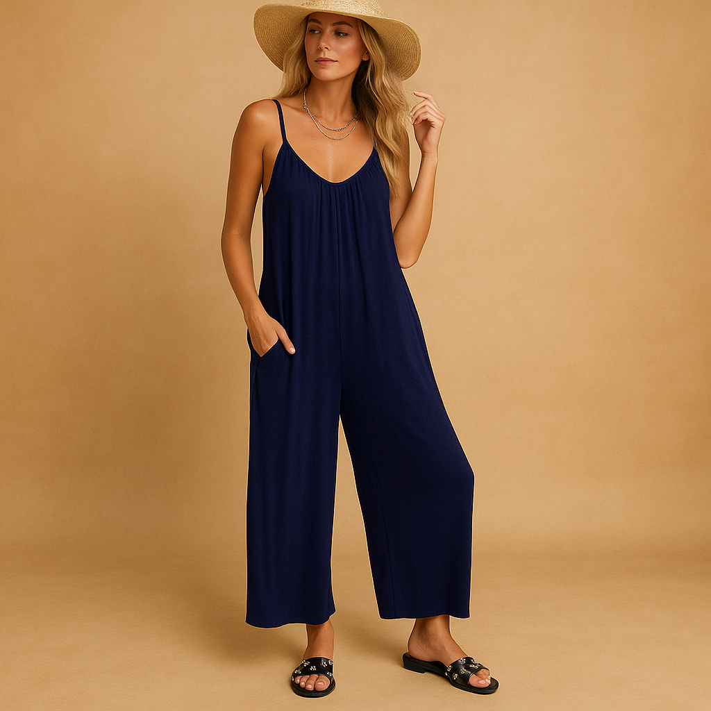Women’s summer sleeveless jumpsuit with adjustable straps, elastic waist, and lightweight fabric. Perfect for vacations, summer days, and parties.