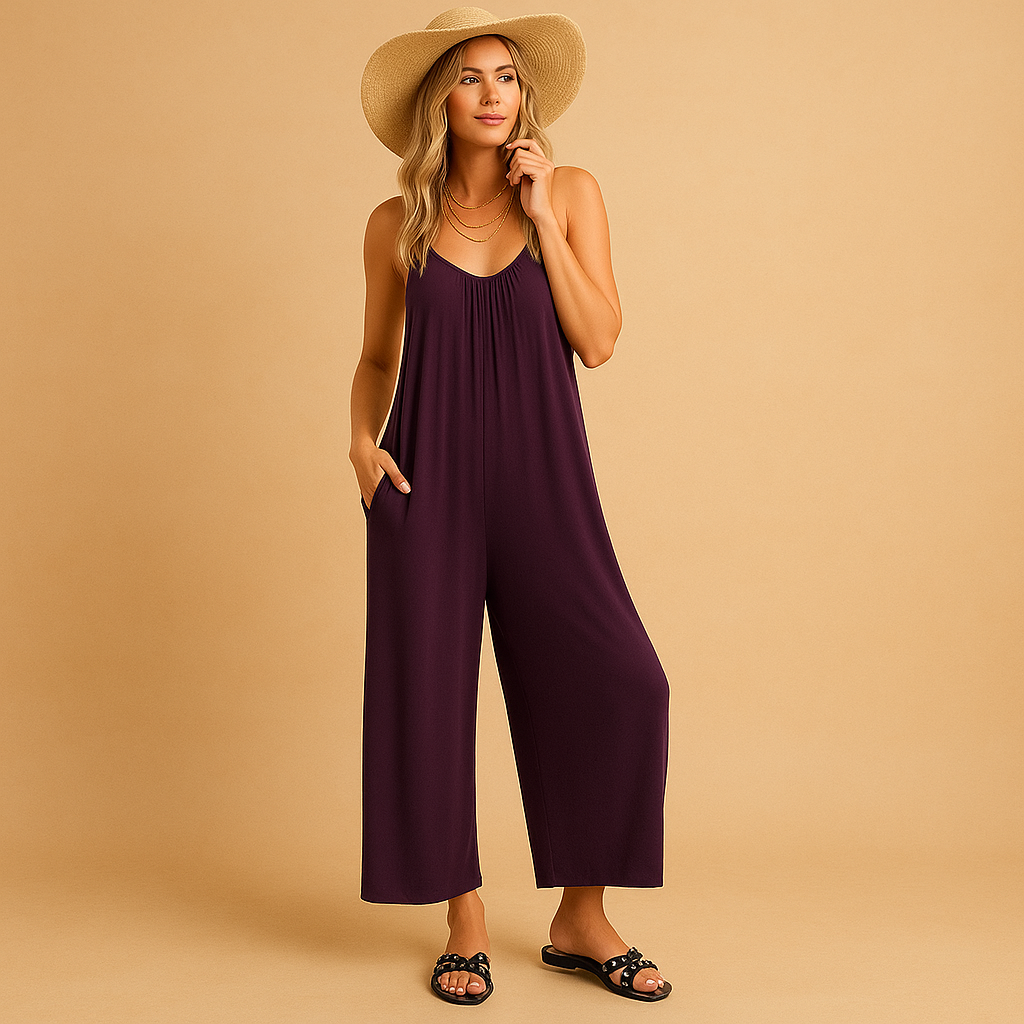 Women’s summer sleeveless jumpsuit with adjustable straps, elastic waist, and lightweight fabric. Perfect for vacations, summer days, and parties.