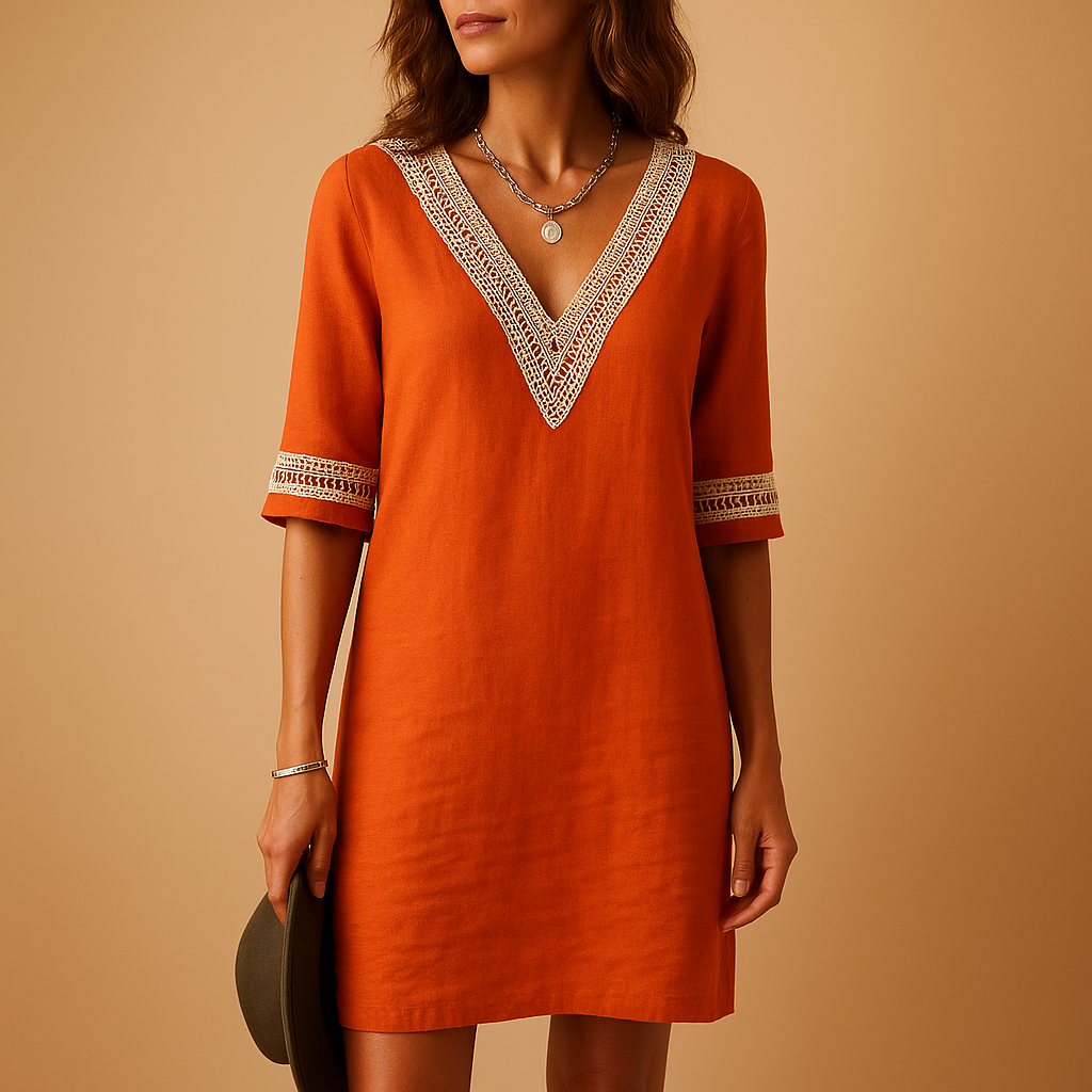 Women’s summer V-neck dress with lace accents, relaxed fit, and three-quarter sleeves. Perfect for beach outings, city strolls, and summer gatherings.