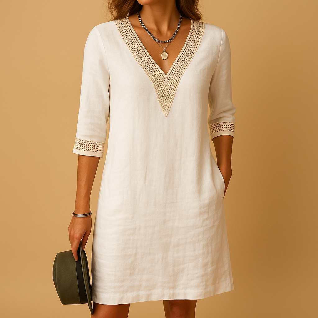 Women’s summer V-neck dress with lace accents, relaxed fit, and three-quarter sleeves. Perfect for beach outings, city strolls, and summer gatherings.