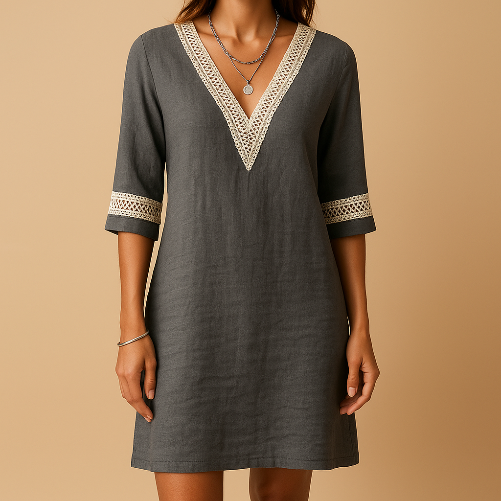 Women’s summer V-neck dress with lace accents, relaxed fit, and three-quarter sleeves. Perfect for beach outings, city strolls, and summer gatherings.