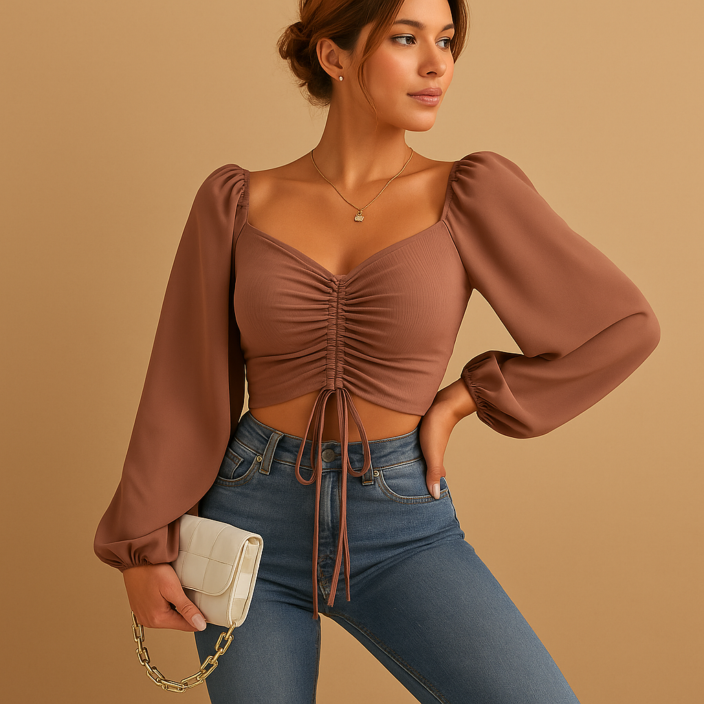 Women’s sweetheart neckline blouse with tie detail in soft, breathable fabric — elegant, feminine, and perfect for any occasion.