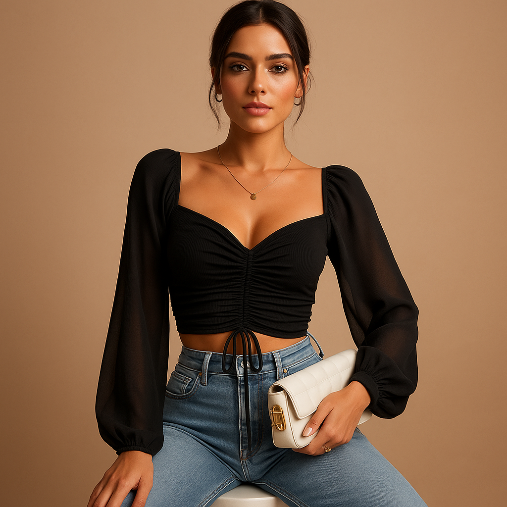 Women’s sweetheart neckline blouse with tie detail in soft, breathable fabric — elegant, feminine, and perfect for any occasion.