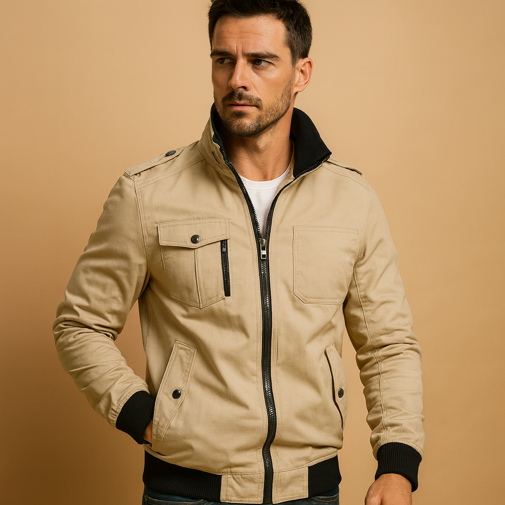 Men’s tactical bomber jacket with high collar, ribbed cuffs, and multiple pockets, rugged design with epaulettes for outdoor and everyday wear.