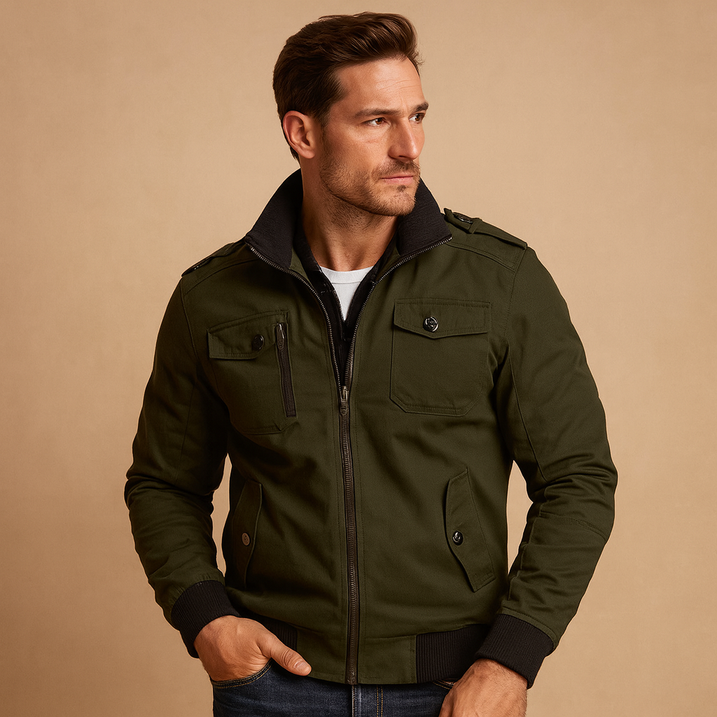 Men’s tactical bomber jacket with high collar, ribbed cuffs, and multiple pockets, rugged design with epaulettes for outdoor and everyday wear.