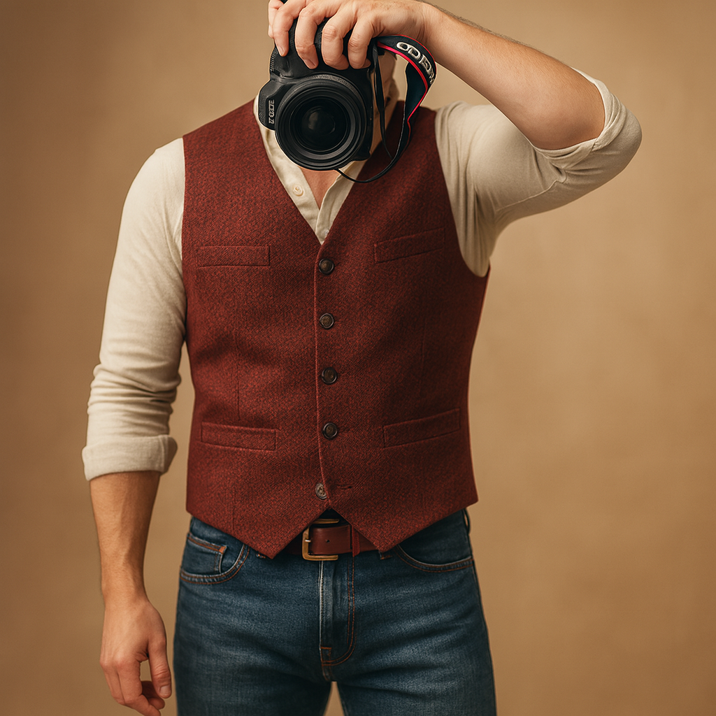 Men’s tailored button vest with adjustable fit and practical pockets, perfect for formal events or casual layered autumn and winter outfits.