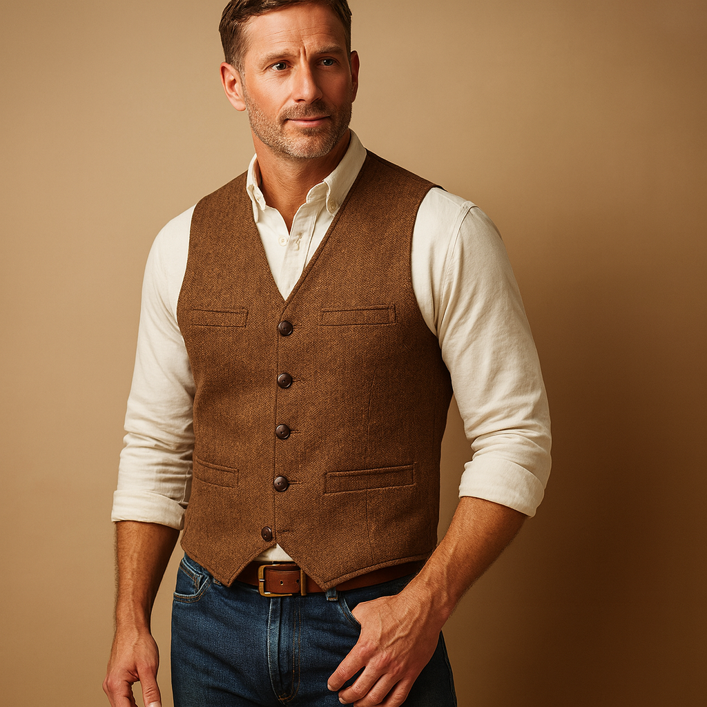 Men’s tailored button vest with adjustable fit and practical pockets, perfect for formal events or casual layered autumn and winter outfits.
