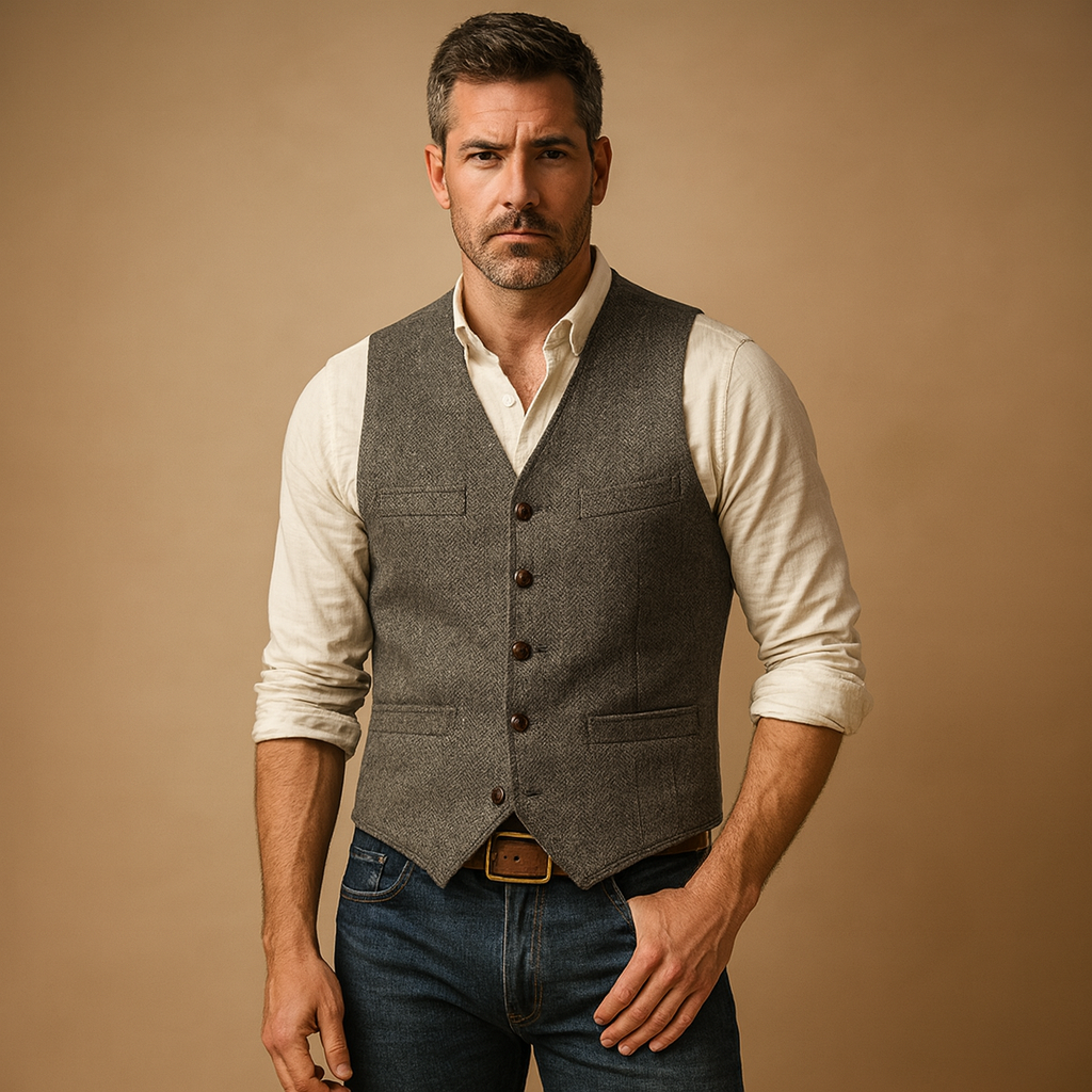 Men’s tailored button vest with adjustable fit and practical pockets, perfect for formal events or casual layered autumn and winter outfits.